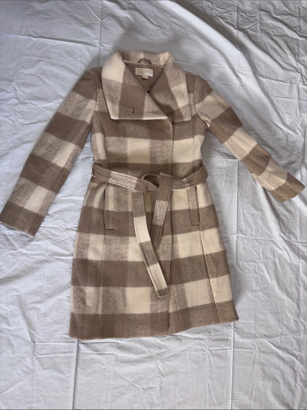 Michael Kors Cream and Tan Plaid Belted Wool Coat